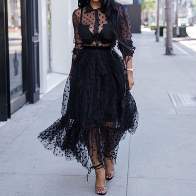 Solid Color Gauze Long-Sleeved Dress