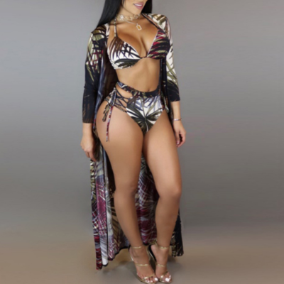 Leaf print sunscreen swimsuit three-piece suit