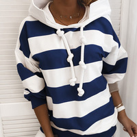Loose Long-Sleeved Striped Women'S Hooded Sweater - Thumbnail 1