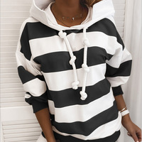 Loose Long-Sleeved Striped Women'S Hooded Sweater - Thumbnail 2