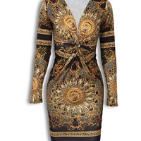 V-Neck Long Sleeve Printing Bag Hip Dress - Thumbnail 2