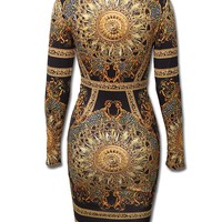 V-Neck Long Sleeve Printing Bag Hip Dress - Thumbnail 3