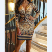 V-Neck Long Sleeve Printing Bag Hip Dress - Thumbnail 1