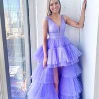 2020 Fashion Lavender Tulle V Neck Layered Prom Dresses with Beading - Thumbnail 1