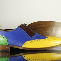 Handmade Multi Color Wing Tip Leather Men's Shoes Dress Shoes - Thumbnail 2