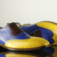 Handmade Multi Color Wing Tip Leather Men's Shoes Dress Shoes - Thumbnail 3