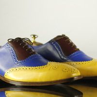 Handmade Multi Color Wing Tip Leather Men's Shoes Dress Shoes - Thumbnail 1