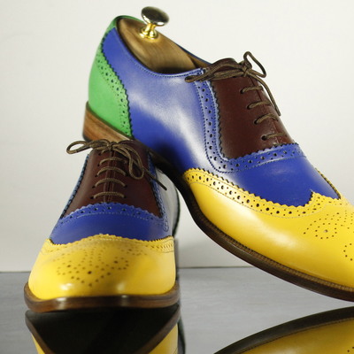 Handmade multi color wing tip leather men's shoes dress shoes - Thumbnail 2