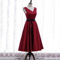 Burgundy v neck satin prom dress homecoming dress - Thumbnail 1