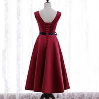 Burgundy v neck satin prom dress homecoming dress - Thumbnail 3