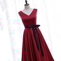 Burgundy v neck satin prom dress homecoming dress - Thumbnail 2