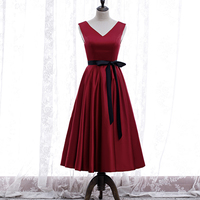 Burgundy v neck satin prom dress homecoming dress - Thumbnail 5