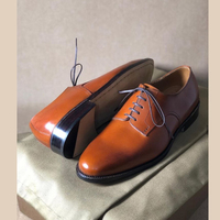 Men's Stylish Tan Leather Handmade Lace Up Dress Shoes - Thumbnail 4