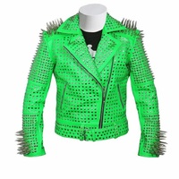 Men Green Punk Full Long Spike Studded Brando Waist Belted Cow Leather Jacket - Thumbnail 4