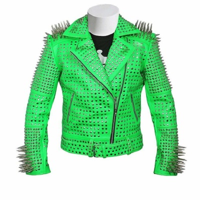 Men green punk full long spike studded brando waist belted cow leather jacket