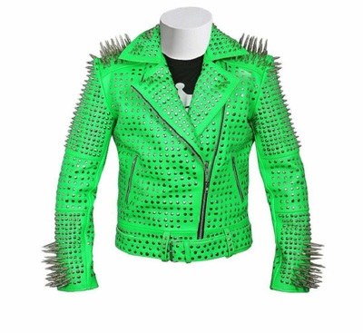 Men Green Punk Full Long Spike Studded Brando Waist Belted Cow Leather Jacket