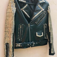 New Men's Black Full Silver Star Studded Brando Belted Cow Biker Leather Jacket - Thumbnail 1