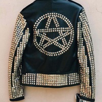 New Men's Black Full Silver Star Studded Brando Belted Cow Biker Leather Jacket - Thumbnail 2