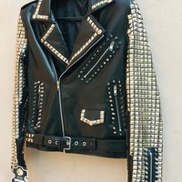 New Men's Black Full Silver Star Studded Brando Belted Cow Biker Leather Jacket - Thumbnail 5