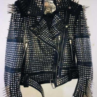 Men black rock punk full long spiked studded brando leather jacket