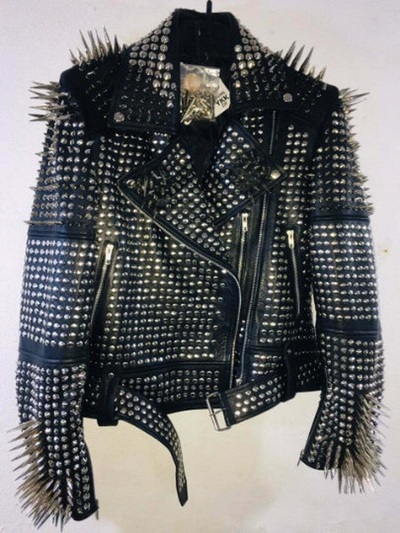 Men Black Rock Punk Full Long Spiked Studded Brando Leather Jacket