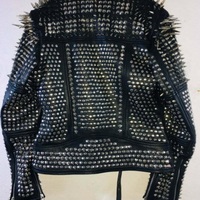 Men Black Rock Punk Full Long Spiked Studded Brando Leather Jacket - Thumbnail 1