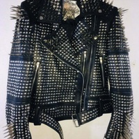 Men Black Rock Punk Full Long Spiked Studded Brando Leather Jacket - Thumbnail 4