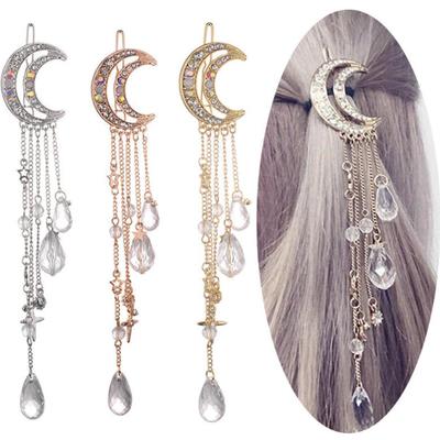 Moon rhinestone crystal tassel hairpin hair clip