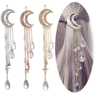 Moon Rhinestone Crystal Tassel Hairpin Hair Clip