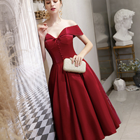 Cute satin short prom dress burgundy party dress - Thumbnail 1