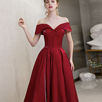 Cute satin short prom dress burgundy party dress - Thumbnail 5