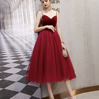 Burgundy velvet tulle short prom dress party dress - Thumbnail 1