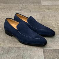 Handmade men navy blue shoes, dress suede shoes for men, loafer slip ons shoes - Thumbnail 1