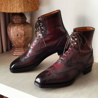 Handmade Burgundy Wing Tip Ankle Lace Up Boot Leather Dress Men's Boot - Thumbnail 2