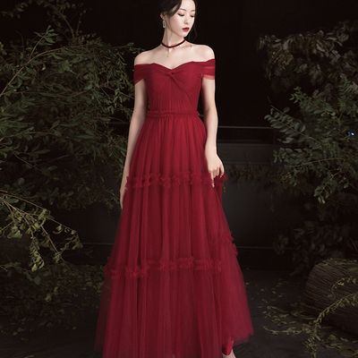Burgundy tulle off shoulder prom dress evening dress - Thumbnail 4