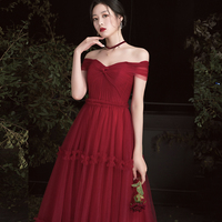 Burgundy tulle off shoulder prom dress evening dress - Thumbnail 2