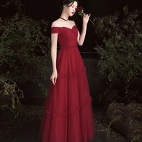 Burgundy tulle off shoulder prom dress evening dress - Thumbnail 3