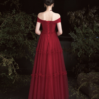 Burgundy tulle off shoulder prom dress evening dress - Thumbnail 4