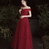 Burgundy tulle off shoulder prom dress evening dress - Thumbnail 5