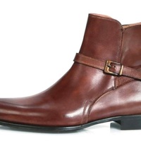 Handmade Brown Ankle High Leather Buckle Boots for Men - Thumbnail 4