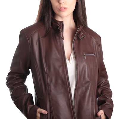 Women leather jacket slim fit brown,fashion biker leather jacket
