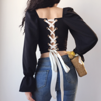 Classical Back Cross Strap Lace up Flare Sleeve Top - Thumbnail 2