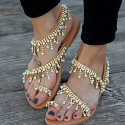 Flat sandals women summer leisure beach pearl set feet flip flops flat and slippers g4782