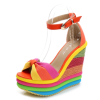 Summer New Style Super High Heel Wedge Sandals Straw Woven Fish Mouth Roman Rainbow H5721 - Thumbnail 2