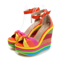 Summer New Style Super High Heel Wedge Sandals Straw Woven Fish Mouth Roman Rainbow H5721 - Thumbnail 4
