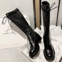Cow Leather Martin Shoes But Knee Boots Female Round Toe Thick High Heel Side Zipper Rider G9257 - Thumbnail 4
