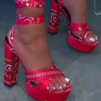 Women's Shoes Thick-Heeled Cloth Sandals Women's New Summer Ankle Ring Straps Waterproof Platform High Heels M6752 - Thumbnail 3