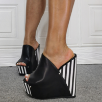 Black Striped Sexy Wedge Heel Super High Heel Hate Sky Tall Large Size 45 Women's Sandals Slippers B5720 - Thumbnail 3