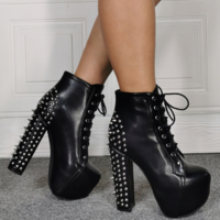 Sexy Black Rivet Thick Heel Waterproof Platform Super High Heel Plus Size 43 Female Fashion Short Boots G3425 - Thumbnail 3