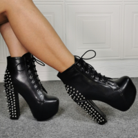 Sexy Black Rivet Thick Heel Waterproof Platform Super High Heel Plus Size 43 Female Fashion Short Boots G3425 - Thumbnail 2